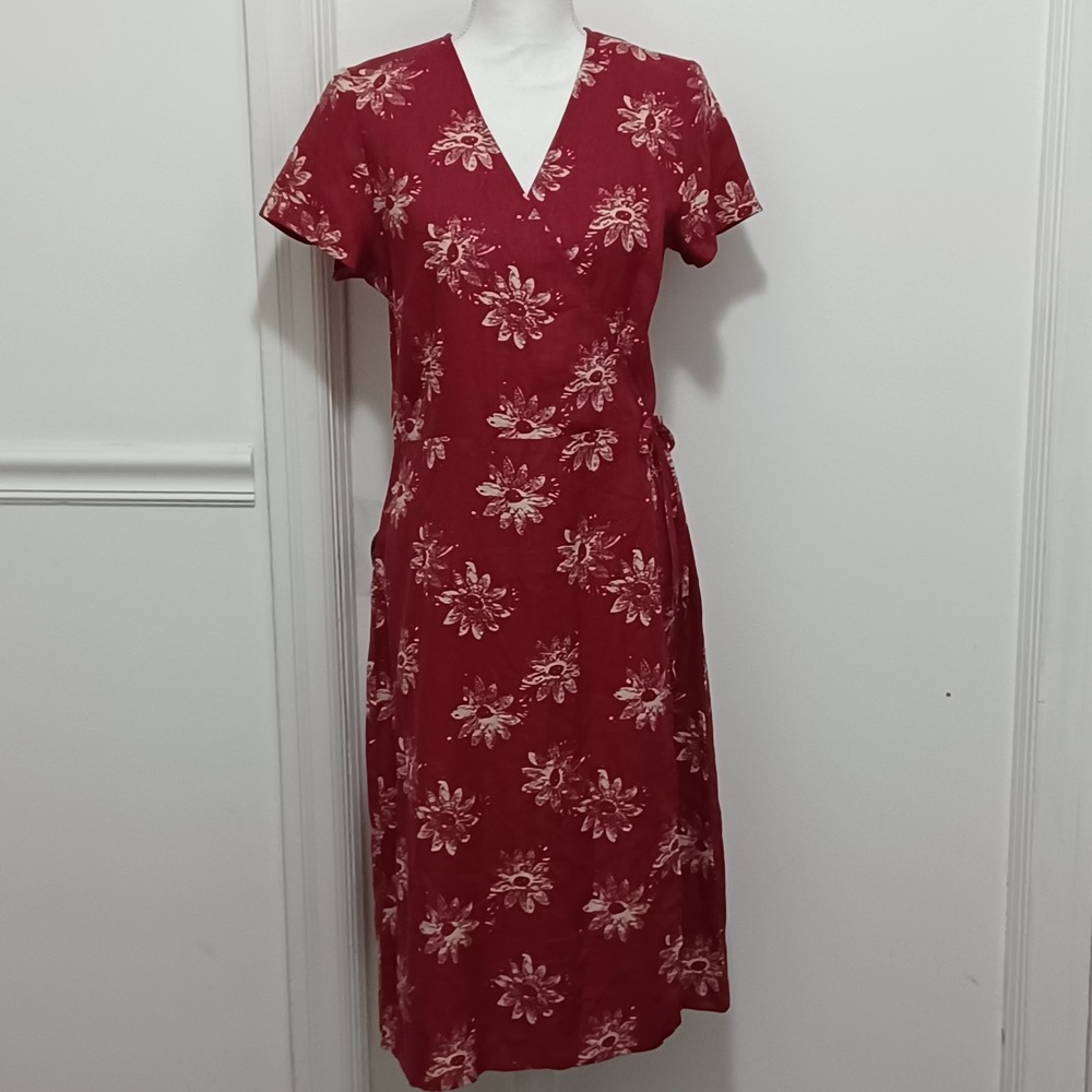 Eddie Bauer Wrap Dress 100% Linen Size 12 Tall Burgundy And Cream